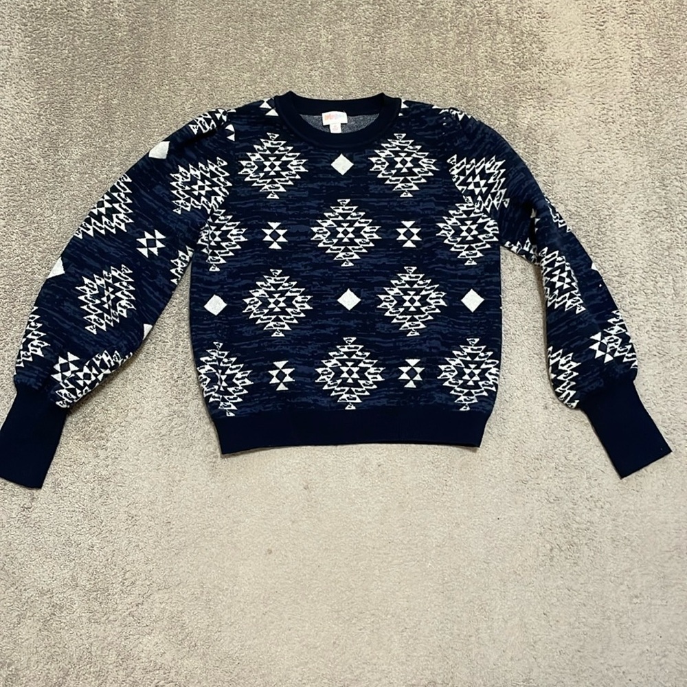 EC LulaRoe Women's Knit Pullover Sweater Aztec Blue / White Print - Size M
